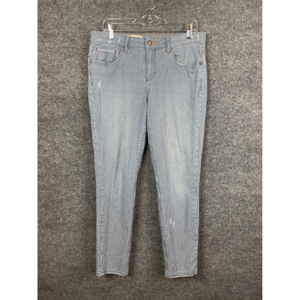 Pilcro the Letterpress Jeans Women's 31 Blue White Railroad Stripe Slim Distress